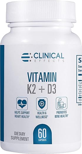 Vitamina K2 D3 – Suplemento de Vitamina K2 D3 com Extrato de Pimenta Preta Bioperina e Cálcio para Suporte à Saúde Óssea e Cardíaca – 60 Cápsulas – Máxima Absorção – Marca Clinical Effects - Clinical Effects