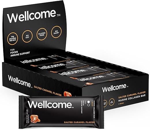 Barra de Proteína de Colágeno Marinho com Caramelo Salgado Wellcome e Cogumelo Reishi para Energia e Suporte Imunológico – Barra de Lanche Adaptogênica – Barra de Saúde Livre de Laticínios para Atividades Funcionais – 100g