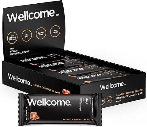 Barra de Proteína de Colágeno Marinho com Caramelo Salgado Wellcome e Cogumelo Reishi para Energia e Suporte Imunológico – Barra de Lanche Adaptogênica – Barra de Saúde Livre de Laticínios para Atividades Funcionais – 100g