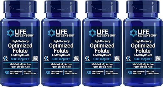 Fólico Otimizado de Alta Potência 8500 mcg DFE, 30 Comprimidos Vegetarianos (Pacote com 4) - Life Extension