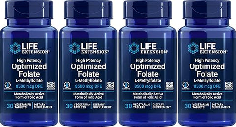 Fólico Otimizado de Alta Potência 8500 mcg DFE, 30 Comprimidos Vegetarianos (Pacote com 4) - Life Extension