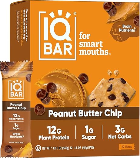 Generic - IQ BAR – Barra de Proteína Vegetal para o Cérebro e o Corpo – Peanut Butter Chip – 12 Unidades, Baixo Carboidrato, Alta Fibra, Sem Glúten, Lanche Vegano – Baixo Açúcar – Alta Proteína