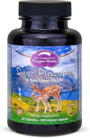 Cápsulas de Placenta de Veado Dragon Herbs | Suplemento de Placenta de Veado para Apoiar Rejuvenescimento, Regeneração e Produção de Sangue | Ingredientes Naturais, Não-OGM (60 Cápsulas, 500 mg)