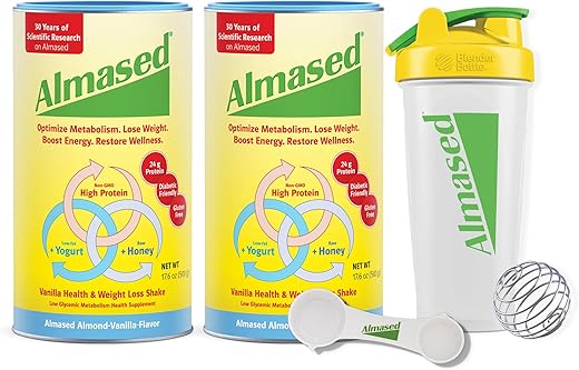 Kit Inicial Shake Substituto de Refeição para Emagrecimento – Pó de Proteína – Sabor Amêndoa Baunilha – 2 Latas de 500g + Garrafa Medidora - Almased