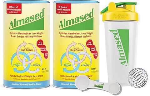 Kit Inicial Shake Substituto de Refeição para Emagrecimento – Pó de Proteína – Sabor Amêndoa Baunilha – 2 Latas de 500g + Garrafa Medidora - Almased