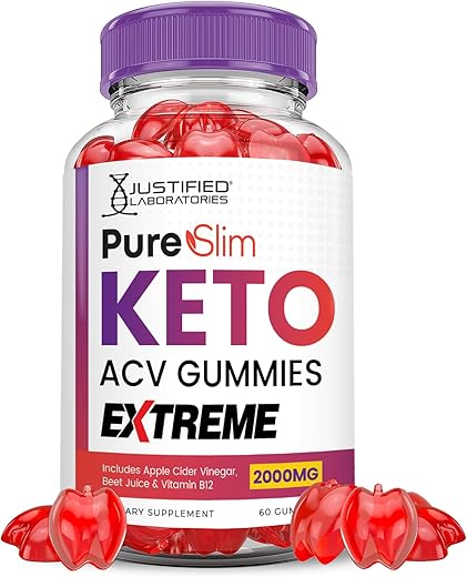 Justified Laboratories - Pure Slim Keto ACV Gummies Extreme 2000MG – Fórmula Avançada de Gomas PureSlim Keto com Vinagre de Maçã, Romã e Beterraba em Pó – B12 Vegano Não GMO 60 Gomas