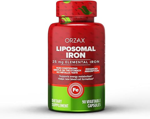 Suplemento de Ferro 25 mg – Tecnologia Lipossomal – Alta Bioacessibilidade 90 Cápsulas Vegetais, Auxilia na Produção de Novas Células Sanguíneas, Não Causa Constipação, Não-OGM - ORZAX