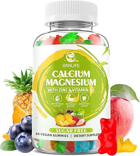 GrnLife - Suplemento de Cálcio Magnésio Zinco com Vitamina D3, Gomas de Cálcio Sem Açúcar para Mulheres Homens, Gomas de Magnésio de Alta Potência para os Ossos