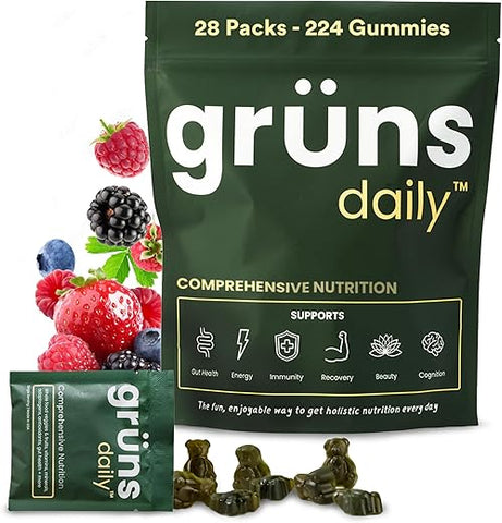 Grüns - Grun’s Daily Gummies – Gomas Super Verdes Orgânicas de Spirulina e Chlorella, Prebióticos para Digestão – 60 gomas