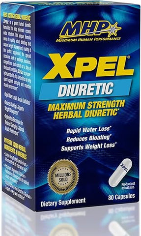 Maximum Human Performance - MHP Xpel: Diurético Máxima Força para Alívio da Retenção de Água, Suporte para Perda de Peso, com Vitamina B-6, Potássio, Raiz de Dente-de-leão, 80 Cápsulas