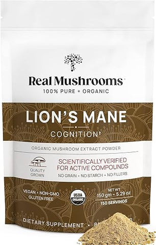 Pó de Cogumelo do Leão Real Mushrooms – Extrato Orgânico de Cogumelo do Leão para Função Cognitiva – 100g