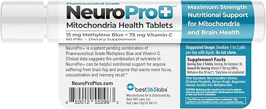 Be-Onguard - 365 Labs NeuroPro – Comprimidos de Saúde Máxima para Mitocôndrias – Azul de Metileno e Vitamina C – Suporte Neuroativo de Ação Rápida – Melhore o Foco e a Memória – 60 Comprimidos