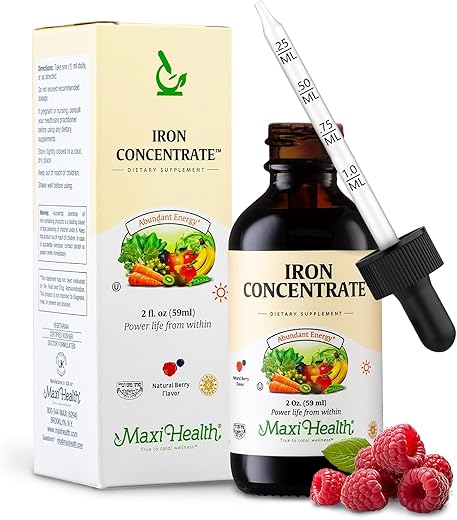 Maxi Health - Suplemento Líquido de Ferro para Mulheres, Homens e Crianças – 15 mg por mL Sabor de Frutas Vermelhas – Alta Potência – Fácil de Misturar para Absorção Imediata – Aumente os Níveis de Energia e Sangue Sem