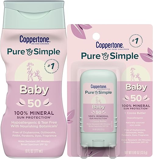 Protetor Solar para Bebês Pure and Simple FPS 50, Loção Protetora de Amplo Espectro para Bebês 177 ml e Stick Protetor Solar para Bebês Pure and Simple, 0,49 g – Kit - Coppertone