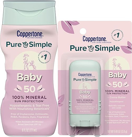 Protetor Solar para Bebês Pure and Simple FPS 50, Loção Protetora de Amplo Espectro para Bebês 177 ml e Stick Protetor Solar para Bebês Pure and Simple, 0,49 g – Kit - Coppertone