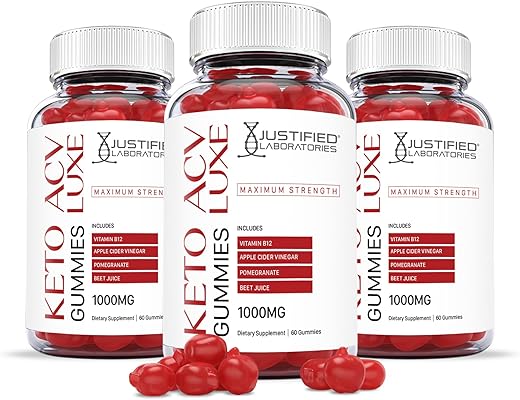 Justified Laboratories - Luxe Keto ACV Gummies 1000MG com Suco de Romã, Beterraba e Vitamina B12 – 60 Gummys (180 Unidades) |