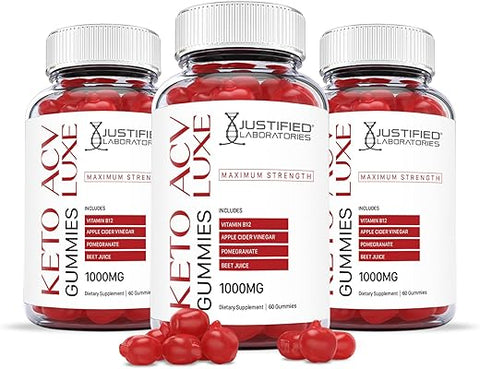 Justified Laboratories - Luxe Keto ACV Gummies 1000MG com Suco de Romã, Beterraba e Vitamina B12 – 60 Gummys (180 Unidades) |