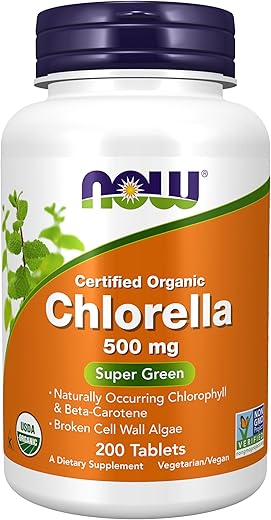 Suplementos, Chlorella Orgânica 500 mg com Clorofila natural, Beta-Caroteno, Carotenoides mistos, Vitamina C, Ferro e Proteína, 200 Comprimidos - NOW Foods