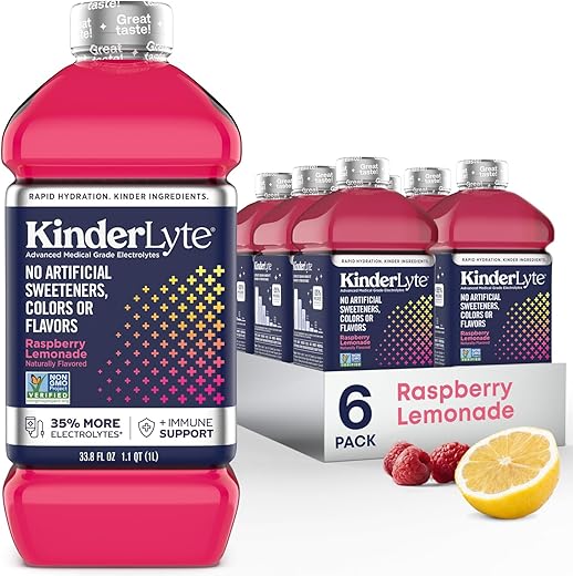 Kinderlyte - KinderLyte Advanced Clean Hydration | Bebidas eletrolíticas com 35% mais eletrólitos e PreMax Prebiótico (Sabor Framboesa Limonada, 6-Pack)