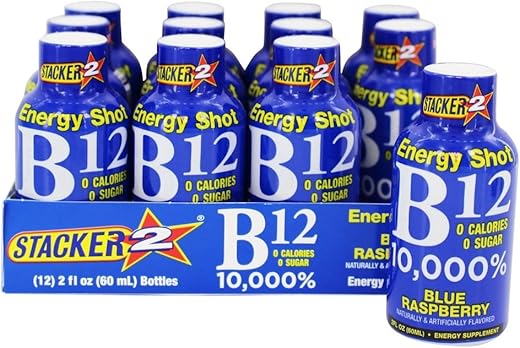 STACKER 2 - Stacker 2 Blue Raspberry B12 Energy Shot (12 Pack) – Energético de Framboesa Azul com Vitamina B12 (12 Unidades)