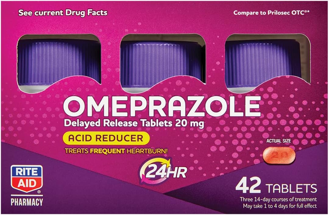 Omeprazol Redutor de Ácido – 20 mg, 3 Frascos, 14 Comprimidos Cada (Total de 42 Comprimidos), Sem Sabor, Alívio de Azia, Medicamento para Azia, Trata Azia Frequente - Rite Aid