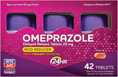 Omeprazol Redutor de Ácido – 20 mg, 3 Frascos, 14 Comprimidos Cada (Total de 42 Comprimidos), Sem Sabor, Alívio de Azia, Medicamento para Azia, Trata Azia Frequente - Rite Aid