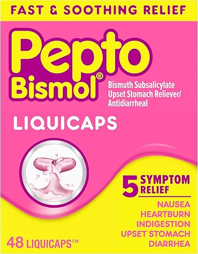 Liquicaps – Alívio para Estômago Irritado, Bismuto Subsalicilato, Alívio Multissintomas de Gases, Náuseas, Azia, Indigestão, Diarreia, 48 Liquicaps - Pepto Bismol