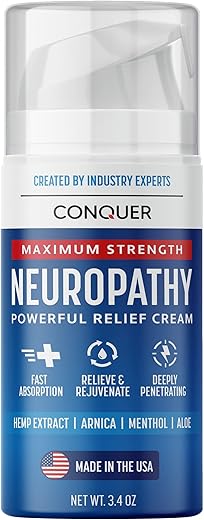 Conquer Products - Creme CONQUER para Neuropatia – Alívio Poderoso com Arnica Natural, Aloe Vera, Extrato de Hemp e Mentol – Máxima Potência Refrescante (60g)