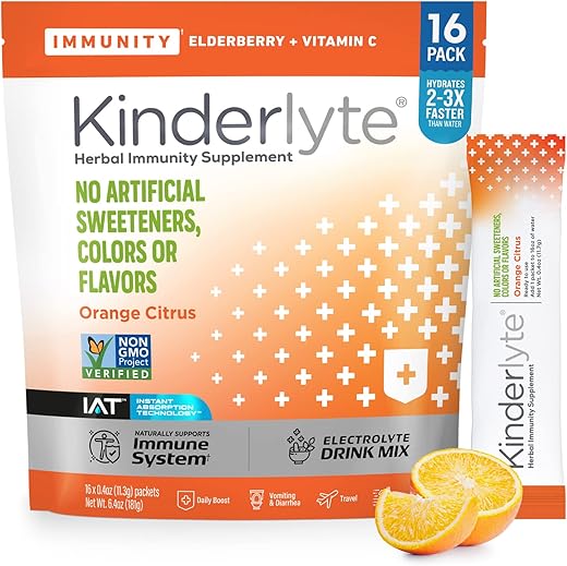 Immunity: Bebida Hidratante com Suporte Imunológico, Mistura Vegetal, Suplemento de Hidratação com Eletrólitos, Sabores de Laranja Cítrica, 16 Unidades - Kinderlyte