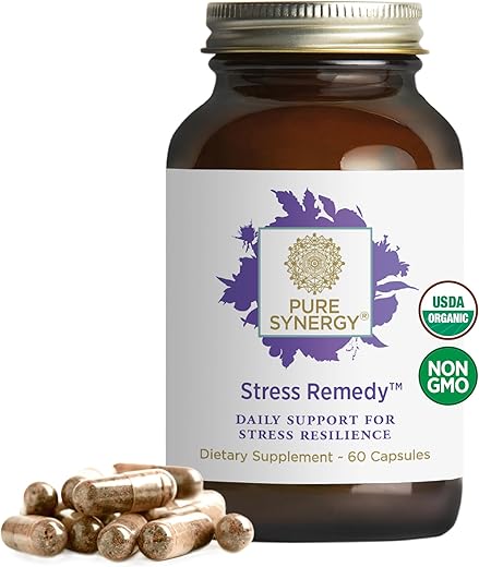 Remédio para Estresse | Suplemento para Alívio do Estresse com Ashwagandha | Suporte Orgânico de Adaptógenos com Rhodiola, Melissa e Manjericão Sagrado | para Estresse, Saúde Adrenal e - PURE SYNERGY
