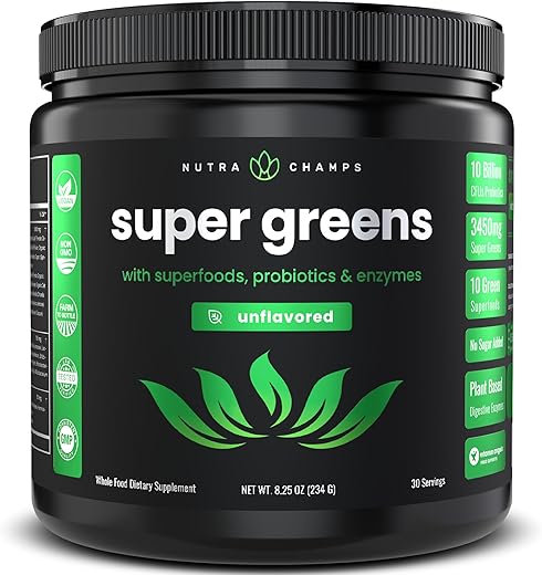 Super Greens em Pó Premium | 20 Alimentos Verdes Orgânicos | Alfafa, Spirulina, Chlorella | 20g - NutraChamps