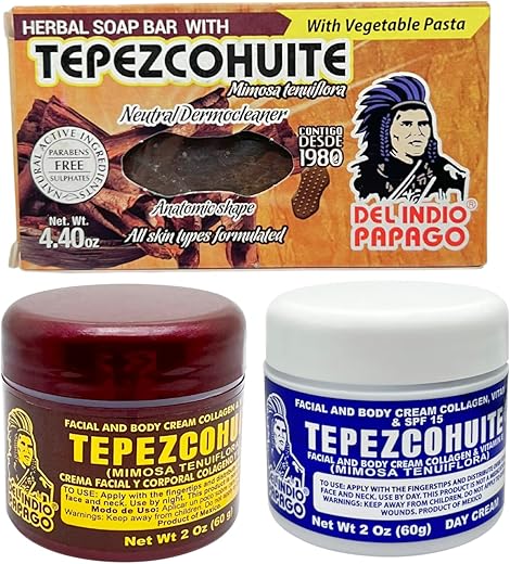 Combo Anti Aging com Creme Noturno 60ml, Creme Diurno 60ml e Sabonete Natural de Tepezcohuite – Solução para Cuidados com a Pele de Todos os Tipos - Del Indio Papago