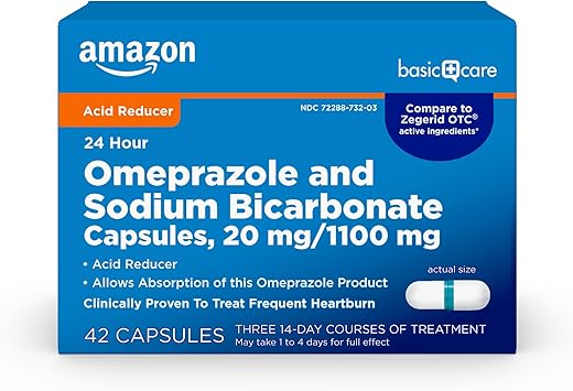 Omeprazol e Bicarbonato de Sódio Cápsulas, 20 mg/1100 mg, Medicamento para Azia Frequente de 24 Horas, Redutor de Ácido, 42 Unidades - Amazon Basic Care