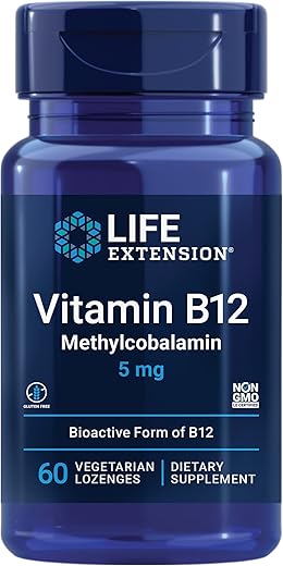 Vitamina B12 Methylcobalamin Life Extension, Suplemento para Saúde Nervosa, Suporte Cognitivo, Energético, 5 mg, Dissolução Rápida, Sem Glúten, Não-OGM