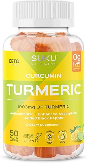 SUKU Vitamins - SUKU Gomas de Cúrcuma Curcumina Sem Açúcar com 1003mg de Cúrcuma – Pimenta Preta Protege o Fígado, Melhora a Digestão, Resposta Inflamatória