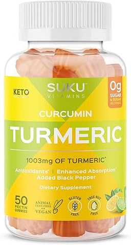 SUKU Vitamins - SUKU Gomas de Cúrcuma Curcumina Sem Açúcar com 1003mg de Cúrcuma – Pimenta Preta Protege o Fígado, Melhora a Digestão, Resposta Inflamatória