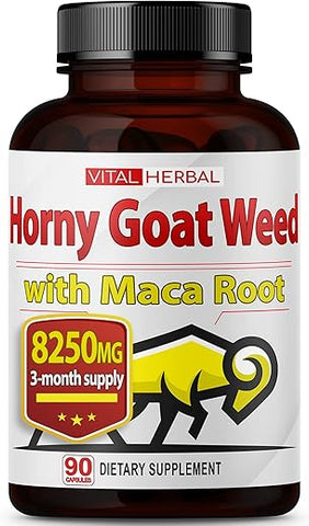 Cápsulas de Horny Goat Weed Equivalente a 8250mg de Força Máxima com Raiz de Maca Tribulus Ashwagandha Tongkat Ali Panax Ginseng para Homens e Mulheres, Aumenta a Energia (90 Unidades) - VITAL HERBAL