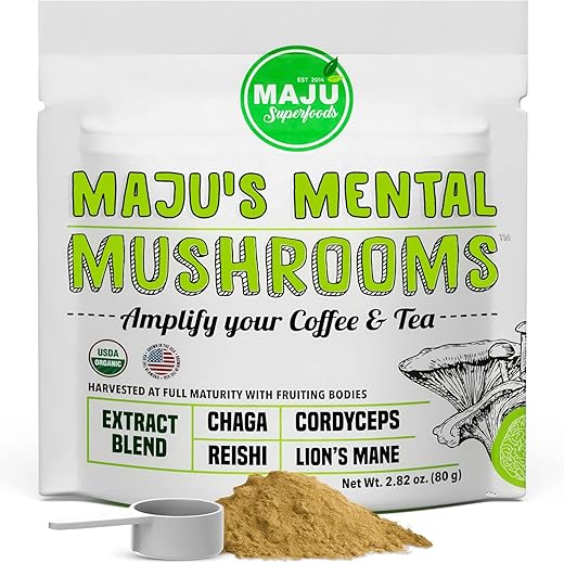 Maju Superfoods - MAJU’s Extrato de Pó de Cogumelo Mental, Forte Leão da Montanha, Chaga, Reishi, Cordyceps, Corpos Frutíferos para Café, Impulsionador do Sistema Imunológico, Suplemento Cerebral Nootrópico, Memória, 100g
