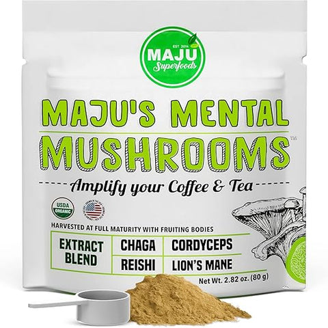 Maju Superfoods - MAJU’s Extrato de Pó de Cogumelo Mental, Forte Leão da Montanha, Chaga, Reishi, Cordyceps, Corpos Frutíferos para Café, Impulsionador do Sistema Imunológico, Suplemento Cerebral Nootrópico, Memória, 100g