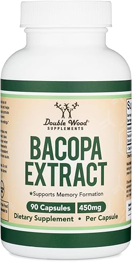 Double Wood Supplements - Bacopa Monnieri Cápsulas 20%% Bacosídeos 450mg, 90 Unidades (Sem OGM, Sem Glúten) Extrato de Brahmi (Suplemento para Memória, Concentração e Função Cognitiva) por Double Wood