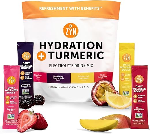 Mix de Bebida de Eletrólitos de Cúrcuma para Hidratação e Saúde Intestinal com Vitaminas, Zinco | Embalagem com Sachês | Marca ZYN - ZYN