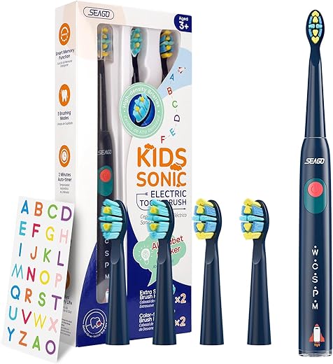 Escova de Dentes Elétrica SEAGO Kids, Cerdas Macias Sônicas Recarregáveis com Adesivos Personalizáveis, 5 Modos, Inclui 4 Cabeças de Escova Substituíveis, Idade de 3 a 12 Anos (Azul Marinho)
