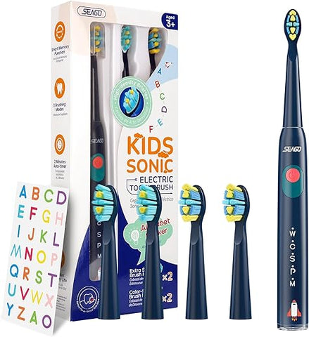 Escova de Dentes Elétrica SEAGO Kids, Cerdas Macias Sônicas Recarregáveis com Adesivos Personalizáveis, 5 Modos, Inclui 4 Cabeças de Escova Substituíveis, Idade de 3 a 12 Anos (Azul Marinho)