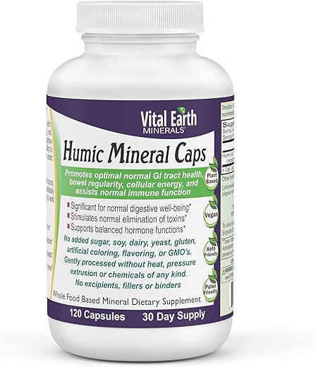 Cápsulas de Minerais Húmicos – 70 Minerais Traço com Ácido Fúlvico Natural, Suplemento Mineral Alcalinizante para Desintoxicação, Saúde Intestinal, Bem-Estar, 120 Unidades - Vital Earth Minerals