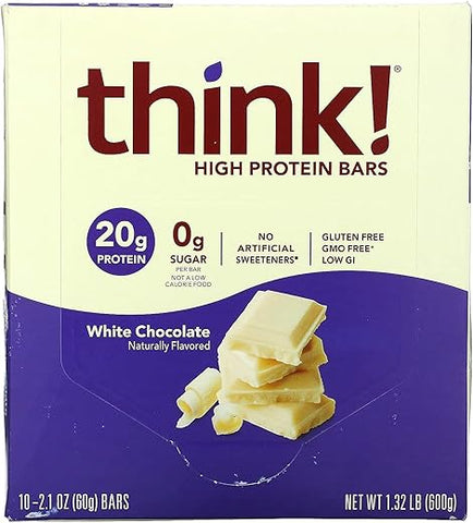 thinkThin - Think! Barras de Proteína de Alta Qualidade, Chocolate Branco, 10 Barras, 60g Cada