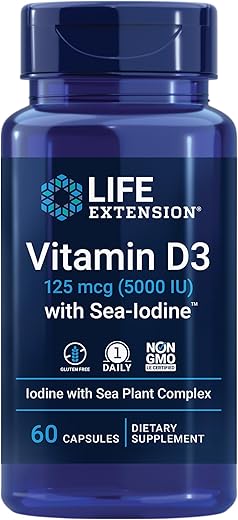 Vitamina D3 125 mcg (5000 UI) Life Extension com Sea-Iodine para ossos e cérebro – Compre Agora!