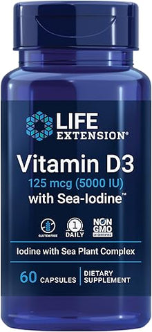 Vitamina D3 125 mcg (5000 UI) Life Extension com Sea-Iodine para ossos e cérebro – Compre Agora!