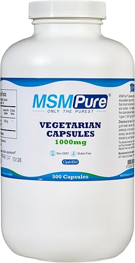 MSMPure Cápsulas Vegetarianas, 500 Unidades, Feitas com Cristais de Enxofre Orgânico, Suplemento de MSM Destilado 99,99% Puro, 1.000 mg por Cápsula, Fabricado nos EUA - KALA HEALTH