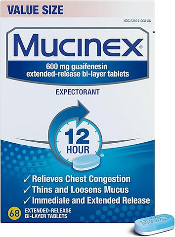 12 Horas, 68 comprimidos de liberação prolongada de 600 mg de Guaifenesina alivia a congestão no peito causada por excesso de muco – Recomendado pelo médico, expectorante OTC #1 - Mucinex