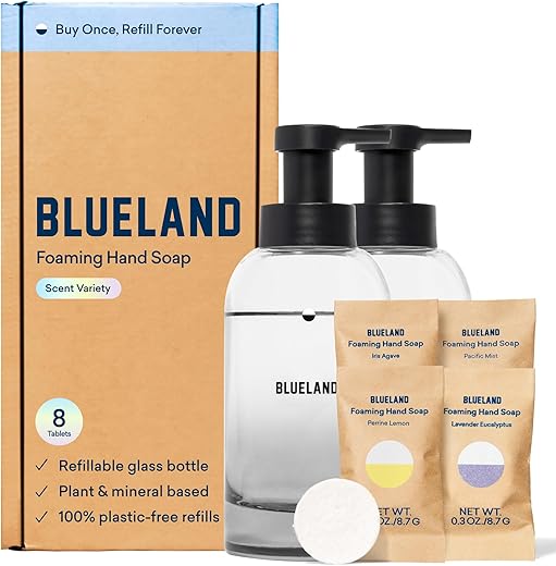 Duo de Sabonete Líquido em Vidro Recarregável – 2 Dispensers de Sabonete Líquido em Espuma de Vidro + 8 Tabletes de Reposição, Diversas Fragrâncias, Rende 8 frascos de 270 ml (2.160 ml no total) - BLUELAND
